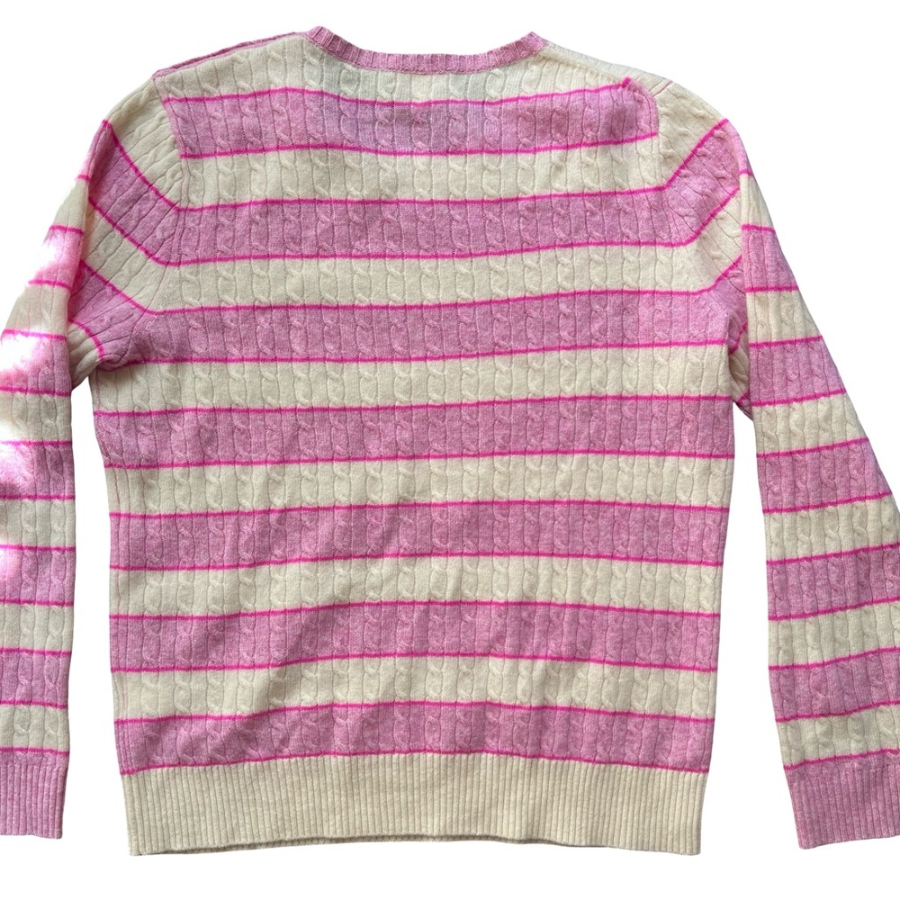 J.Crew Cable-knit Cashmere Crewneck Sweater Pink White Stripe Shoulder Buttons M - Picture 3 of 8